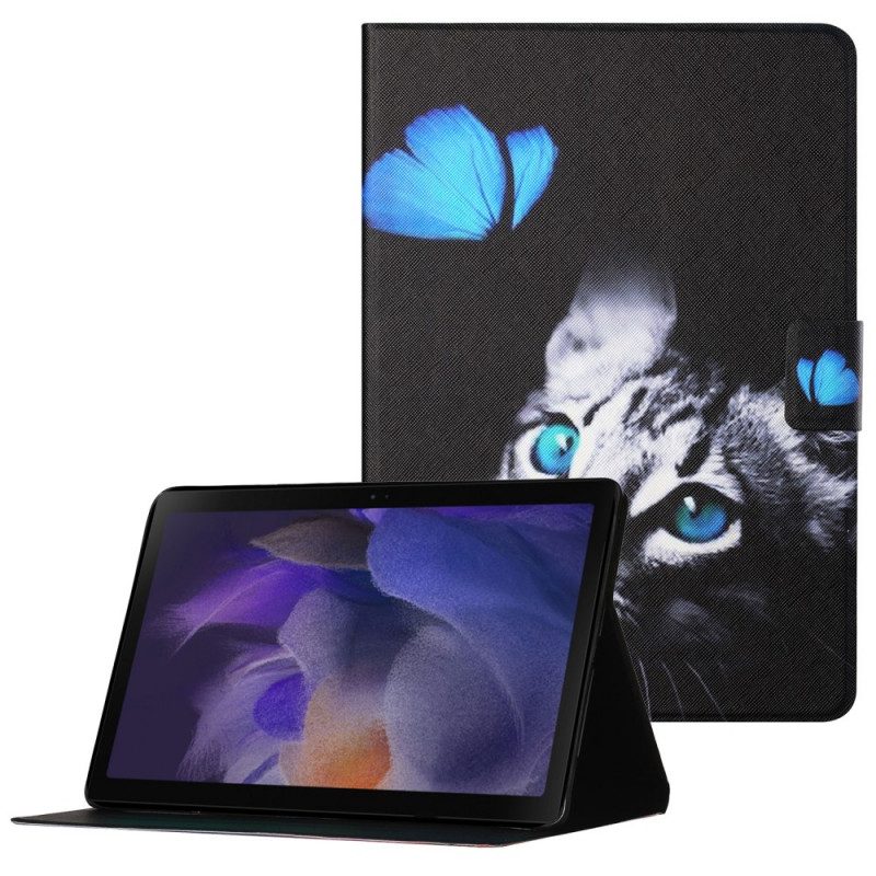 Custodia in pelle Samsung Galaxy Tab A8 (2021) Gatto Blu E Farfalla