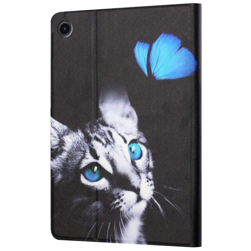 Custodia in pelle Samsung Galaxy Tab A8 (2021) Gatto Blu E Farfalla