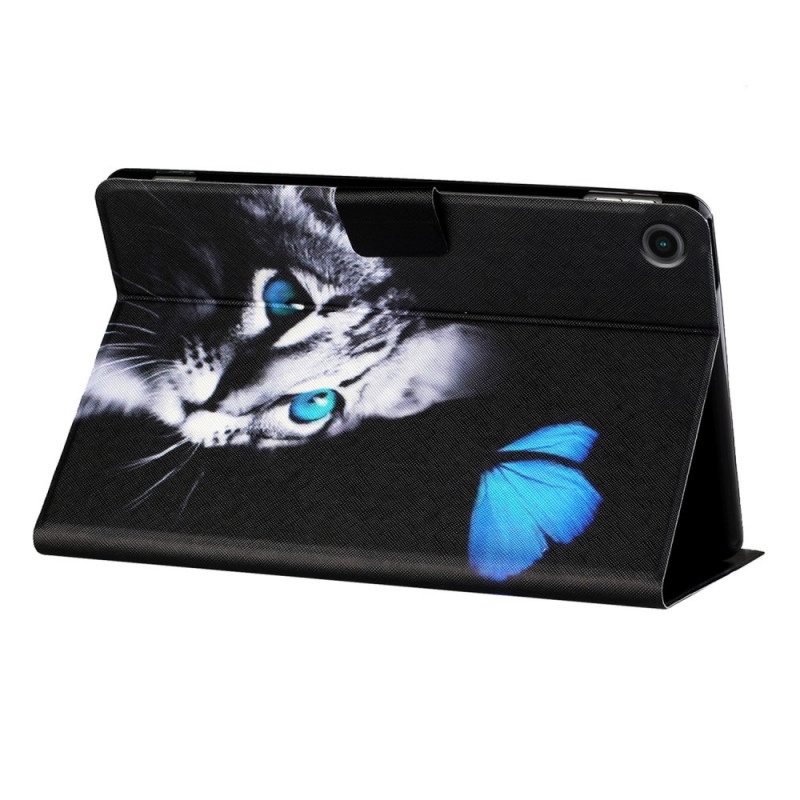 Custodia in pelle Samsung Galaxy Tab A8 (2021) Gatto Blu E Farfalla