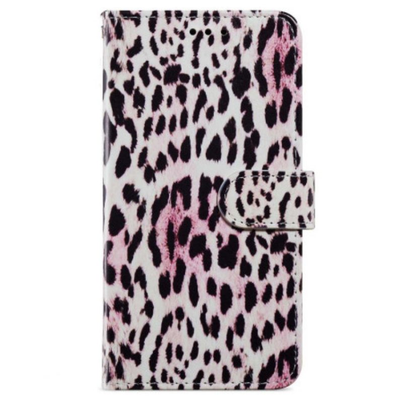 Custodia A Portafoglio iPhone 15 Plus Effetto Pelle Di Leopardo Con Cinturino