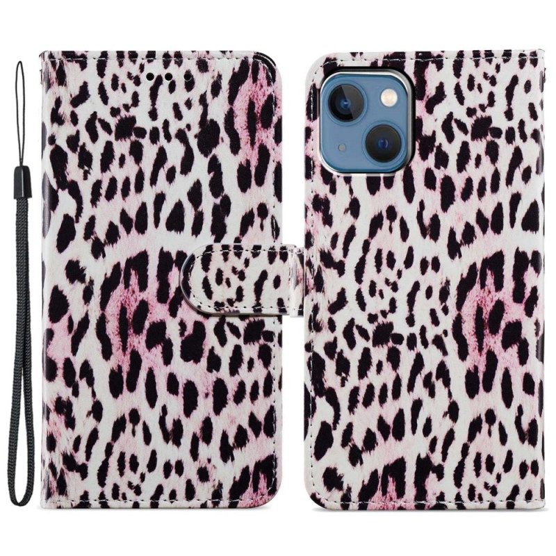 Custodia A Portafoglio iPhone 15 Plus Effetto Pelle Di Leopardo Con Cinturino