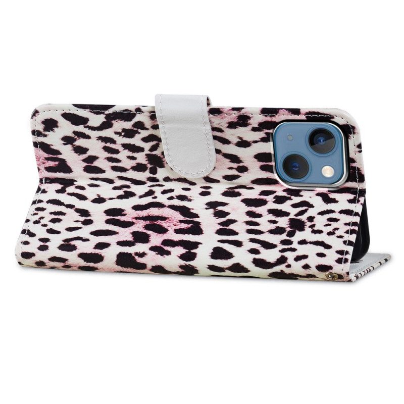 Custodia A Portafoglio iPhone 15 Plus Effetto Pelle Di Leopardo Con Cinturino