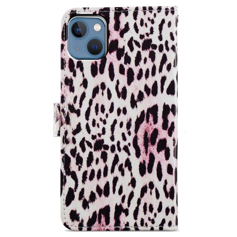 Custodia A Portafoglio iPhone 15 Plus Effetto Pelle Di Leopardo Con Cinturino