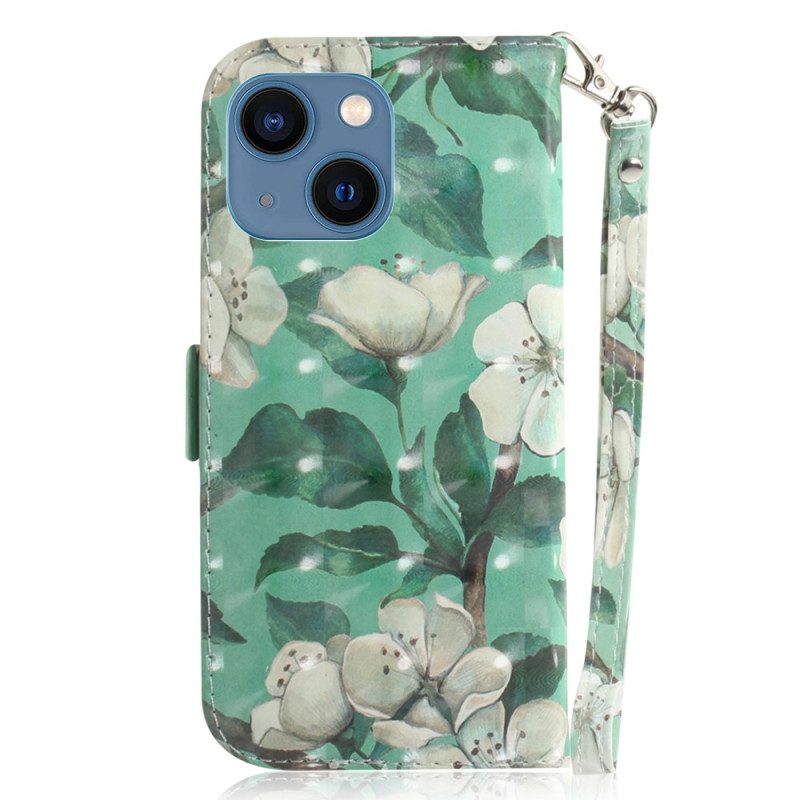 Custodia A Portafoglio iPhone 15 Plus Fiori Bianchi Con Cinturino