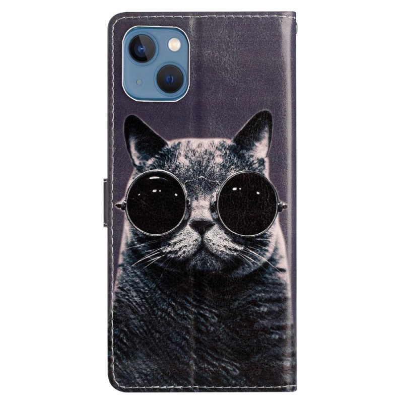 Custodia A Portafoglio iPhone 15 Plus Occhiali Con Gatto E Cinturino