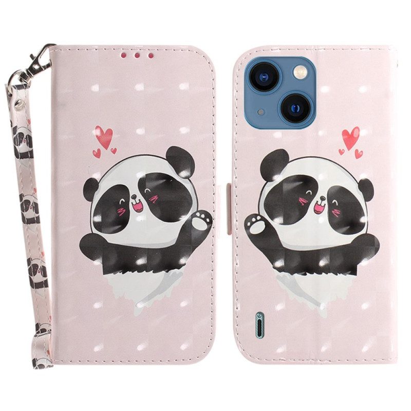 Custodia A Portafoglio iPhone 15 Plus Panda Love Con Cinturino