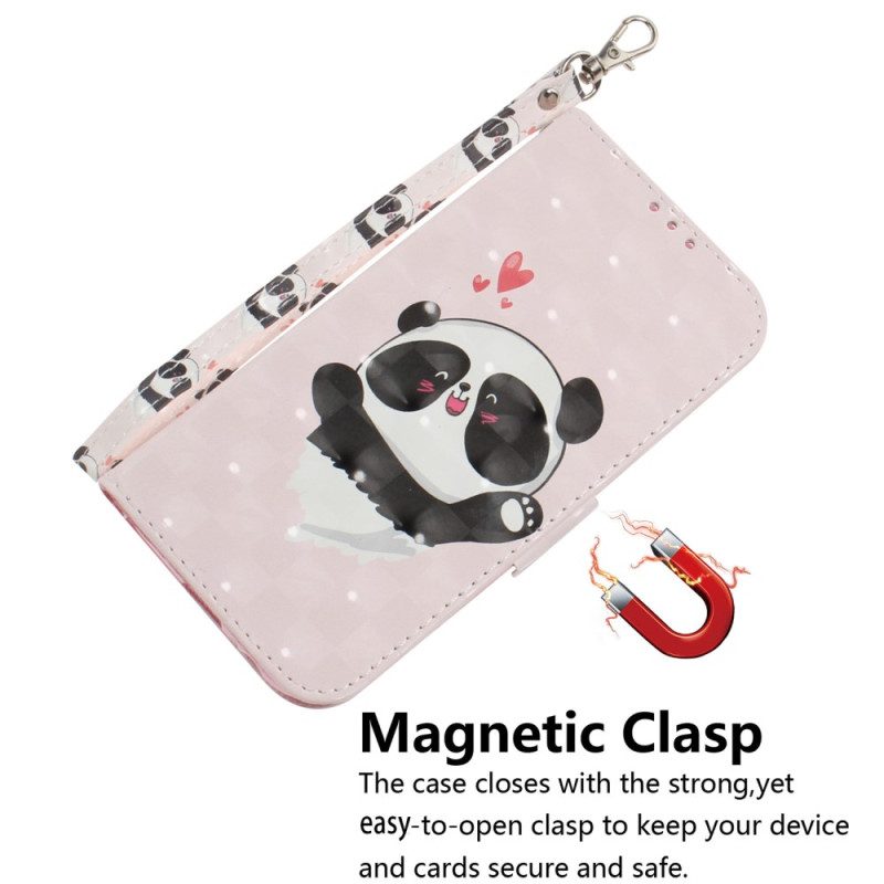 Custodia A Portafoglio iPhone 15 Plus Panda Love Con Cinturino