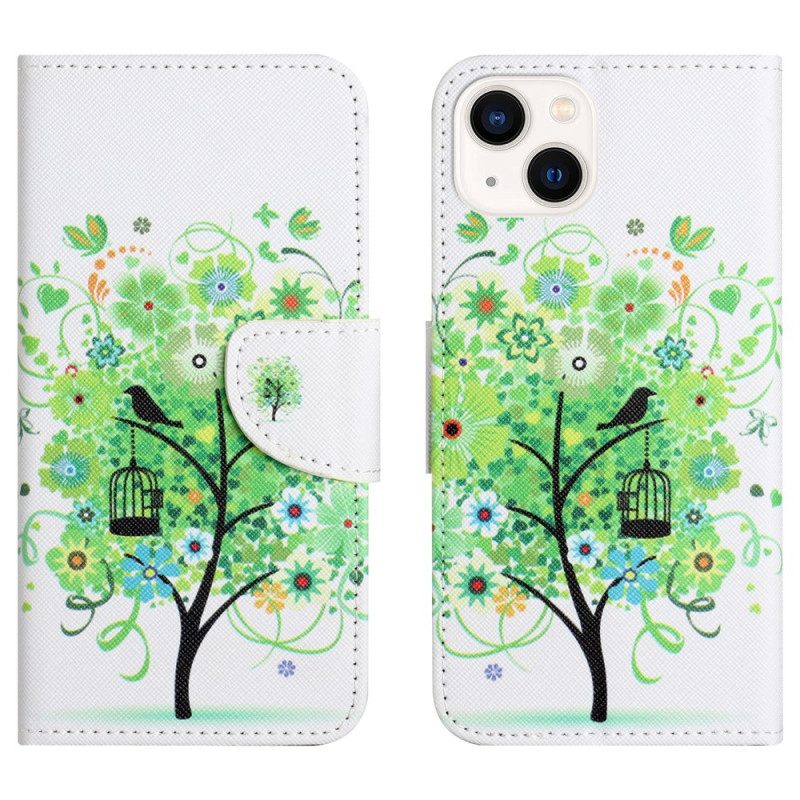 Custodia in pelle iPhone 15 Plus Albero Dal Fogliame Verde