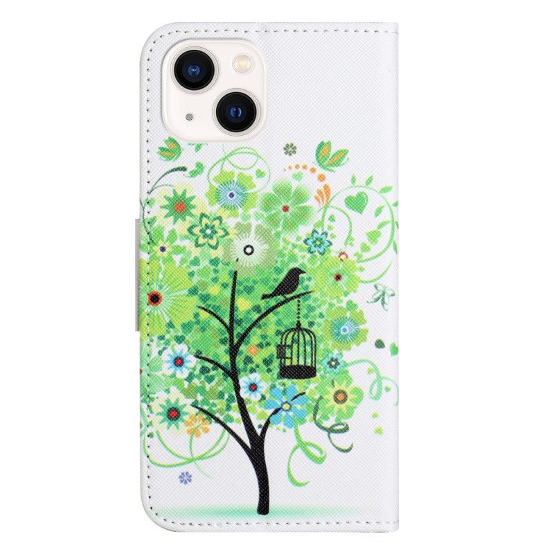 Custodia in pelle iPhone 15 Plus Albero Dal Fogliame Verde