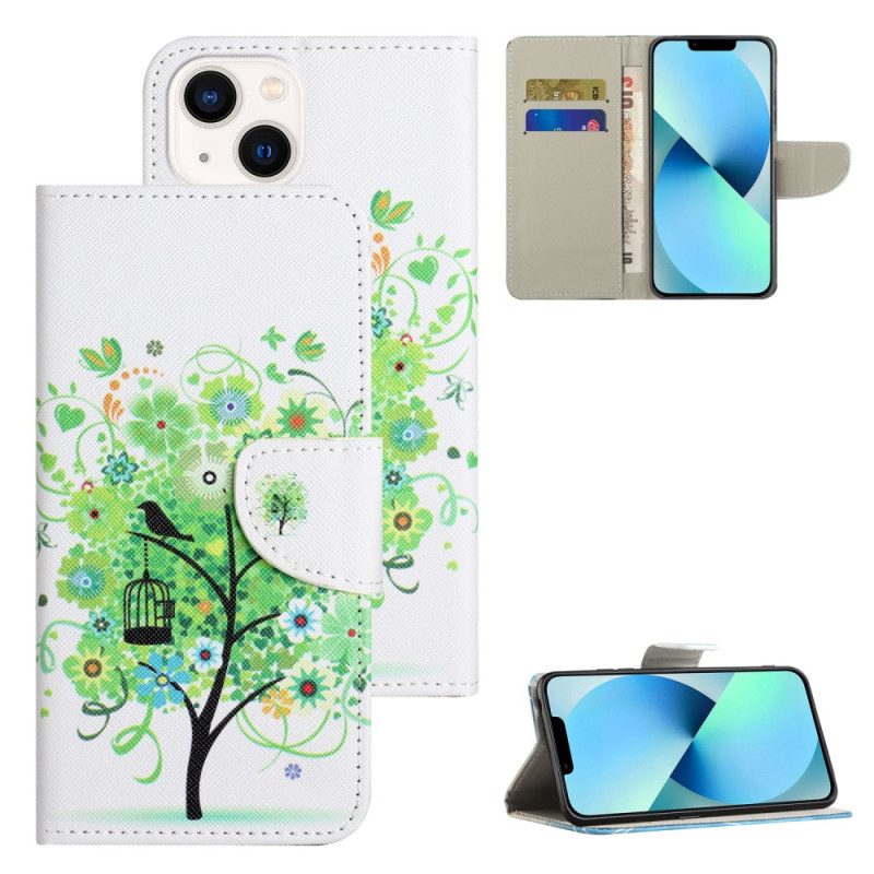 Custodia in pelle iPhone 15 Plus Albero Dal Fogliame Verde