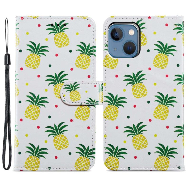 Custodia in pelle iPhone 15 Plus Ananas Con Cinturino