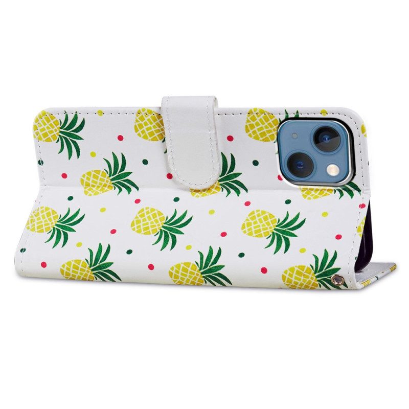 Custodia in pelle iPhone 15 Plus Ananas Con Cinturino