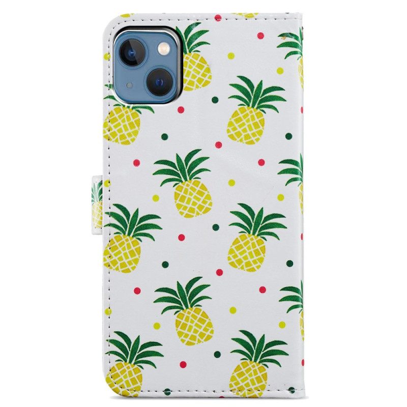 Custodia in pelle iPhone 15 Plus Ananas Con Cinturino