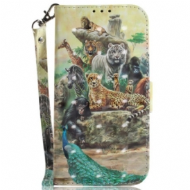 Custodia in pelle iPhone 15 Plus Animali Da Safari Con Cordino