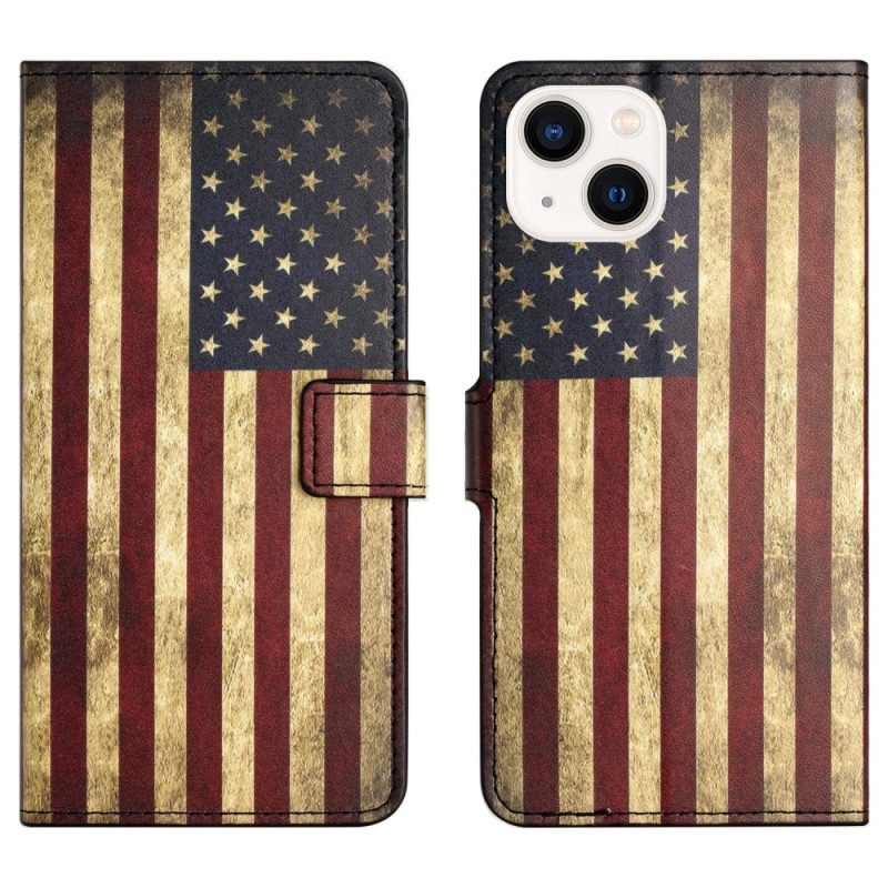 Custodia in pelle iPhone 15 Plus Bandiera Usa Vintage