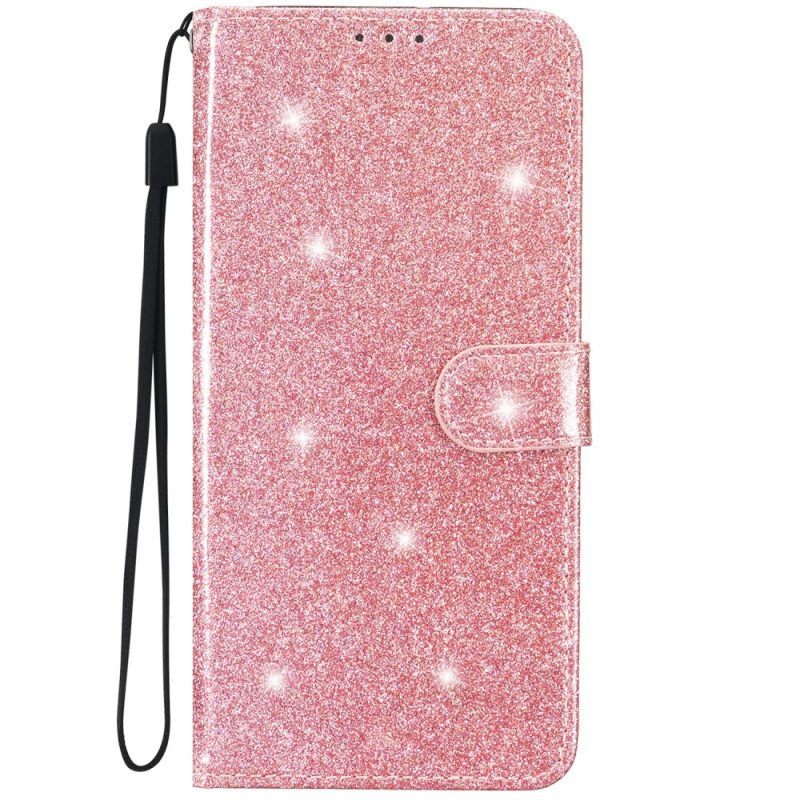 Custodia in pelle iPhone 15 Plus Effetto Glitter Con Cinturino