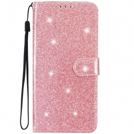 Custodia in pelle iPhone 15 Plus Effetto Glitter Con Cinturino