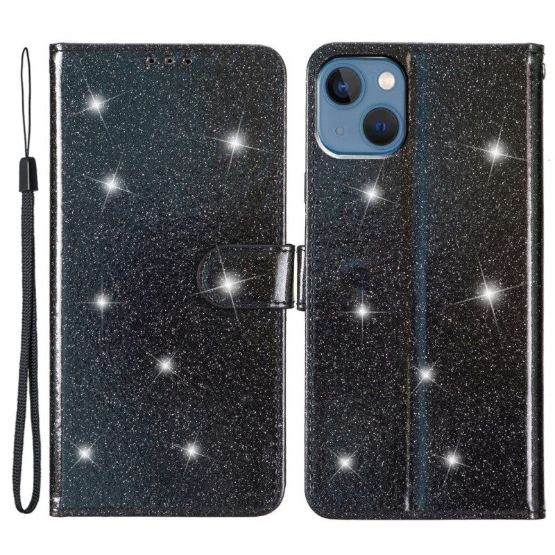 Custodia in pelle iPhone 15 Plus Effetto Glitter Con Cinturino