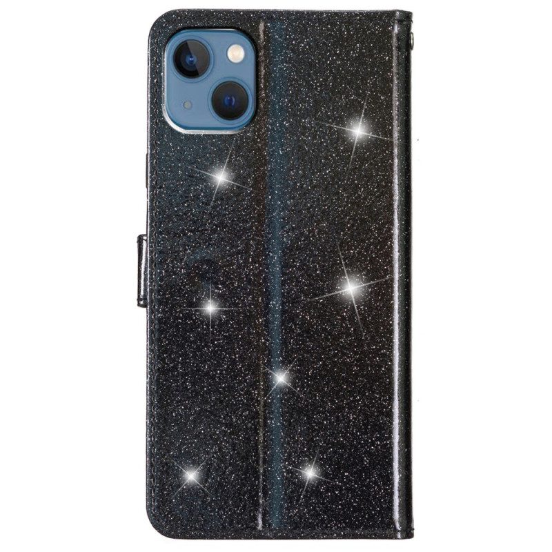 Custodia in pelle iPhone 15 Plus Effetto Glitter Con Cinturino