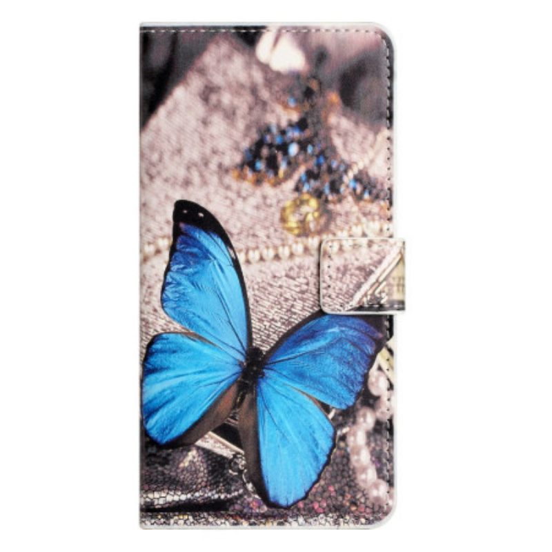 Custodia in pelle iPhone 15 Plus Farfalla Blu