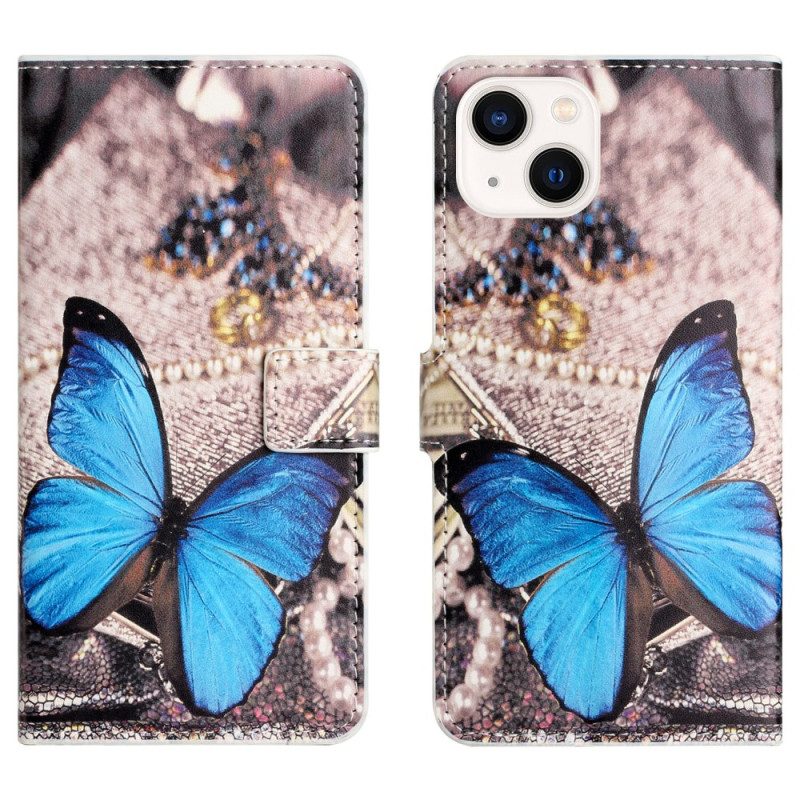 Custodia in pelle iPhone 15 Plus Farfalla Blu