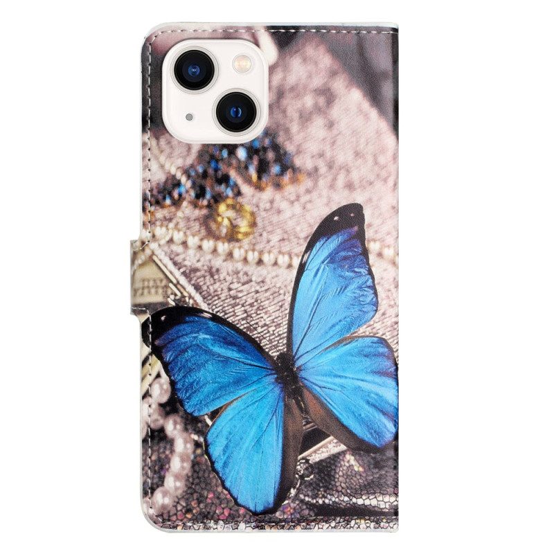 Custodia in pelle iPhone 15 Plus Farfalla Blu