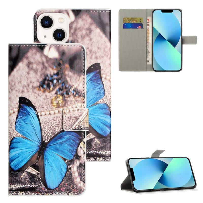 Custodia in pelle iPhone 15 Plus Farfalla Blu