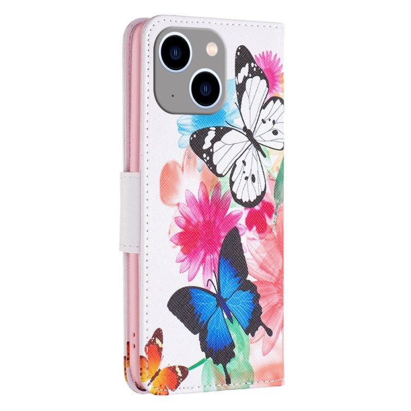 Custodia in pelle iPhone 15 Plus Farfalle Acquerellate