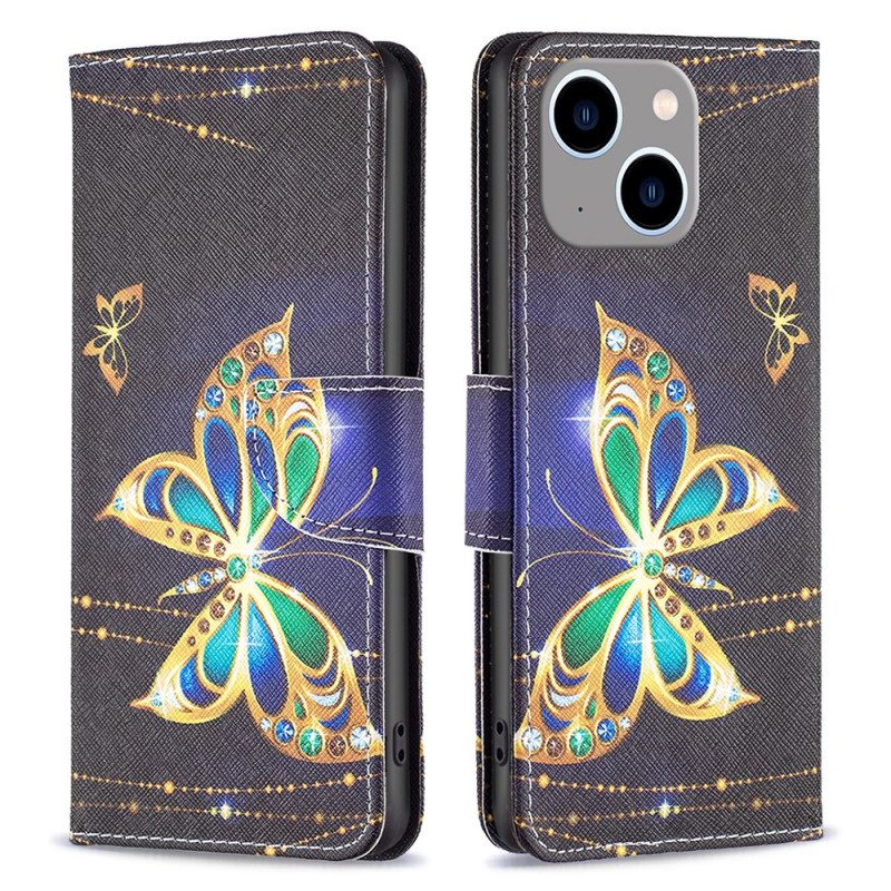 Custodia in pelle iPhone 15 Plus Farfalle Dorate