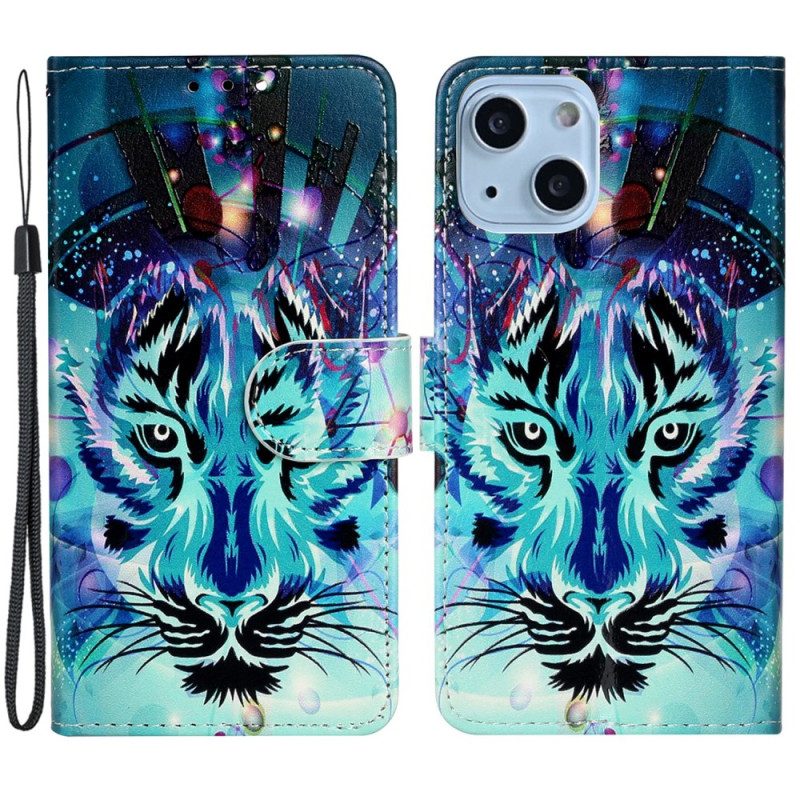 Custodia in pelle iPhone 15 Plus Felino Con Cinturino