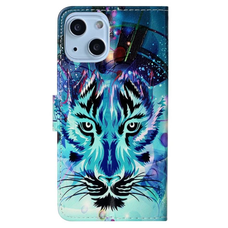 Custodia in pelle iPhone 15 Plus Felino Con Cinturino