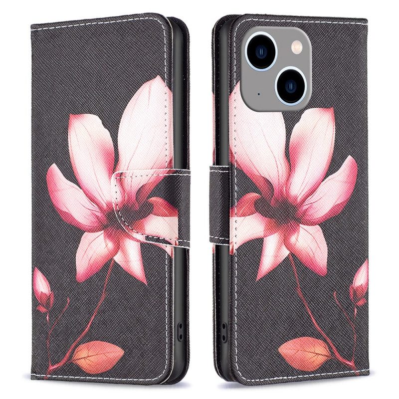 Custodia in pelle iPhone 15 Plus Fiore Rosa