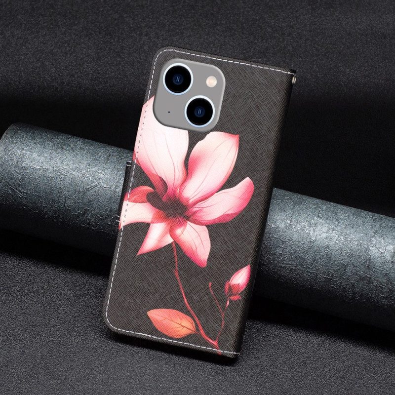 Custodia in pelle iPhone 15 Plus Fiore Rosa