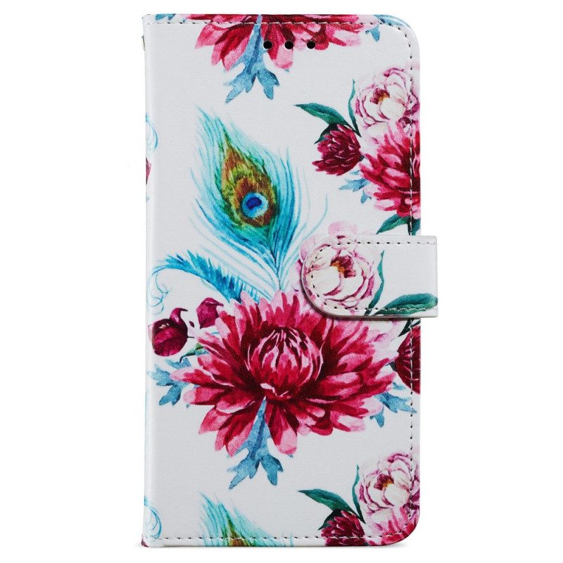 Custodia in pelle iPhone 15 Plus Fiori Con Cinturino