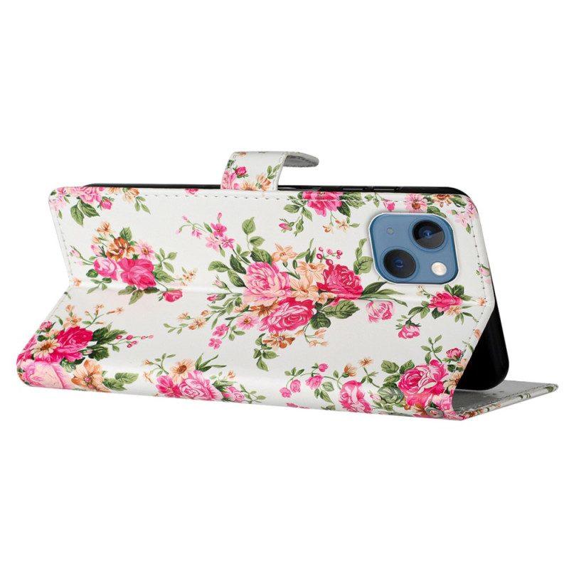 Custodia in pelle iPhone 15 Plus Fiori Con Cinturino