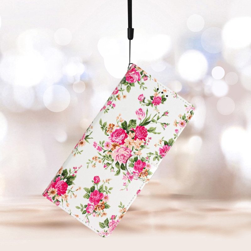 Custodia in pelle iPhone 15 Plus Fiori Con Cinturino