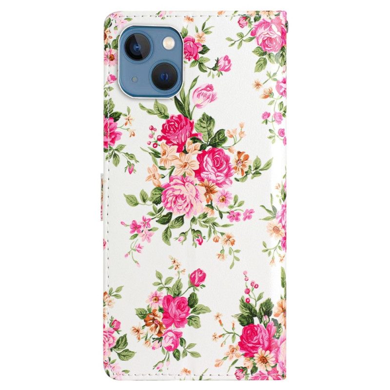 Custodia in pelle iPhone 15 Plus Fiori Con Cinturino