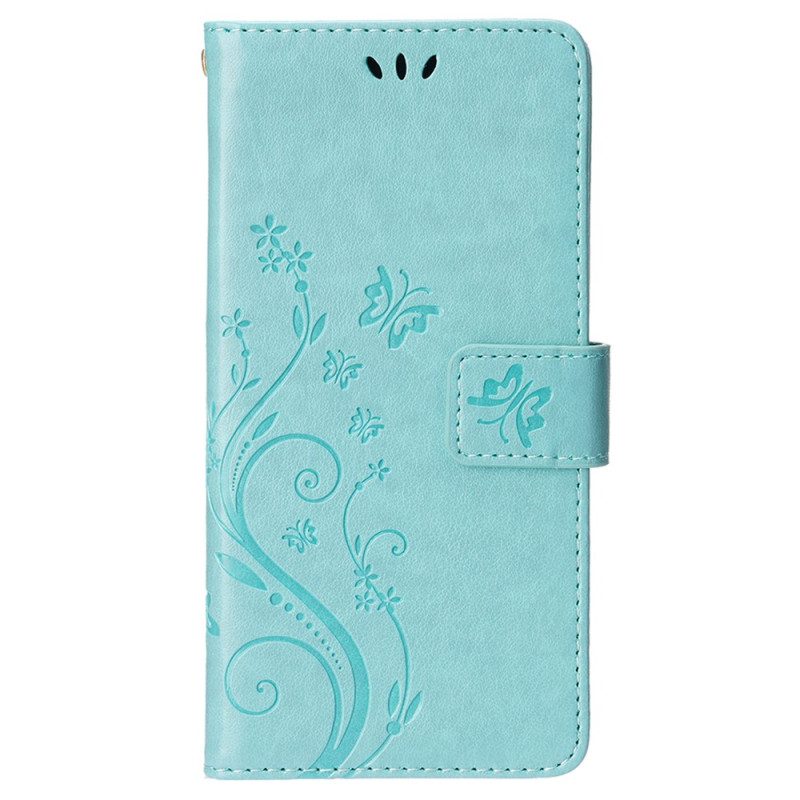 Custodia in pelle iPhone 15 Plus Fiori E Farfalle