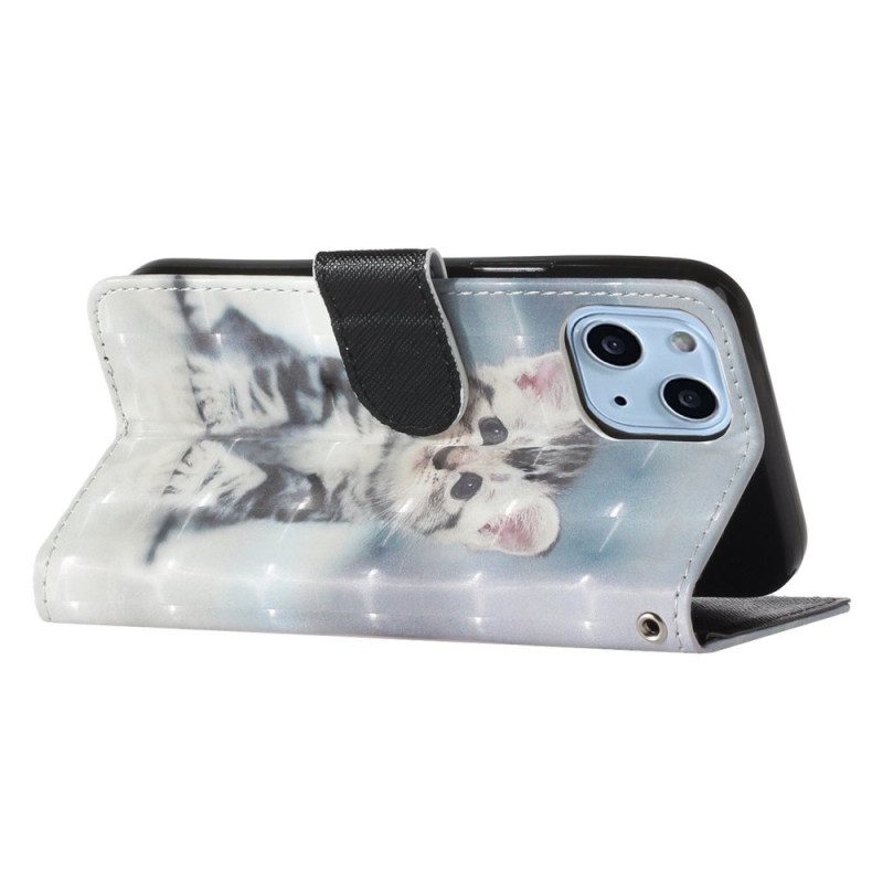 Custodia in pelle iPhone 15 Plus Gattino 3d Con Cinturino