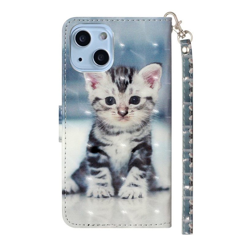 Custodia in pelle iPhone 15 Plus Gattino 3d Con Cinturino