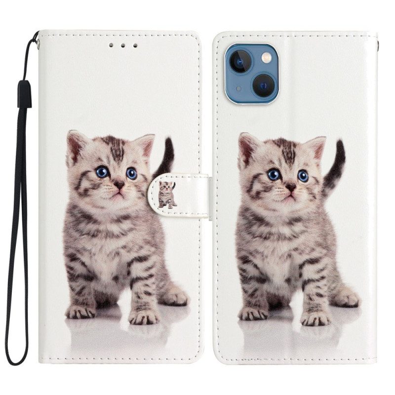 Custodia in pelle iPhone 15 Plus Gattino Con Cinturino