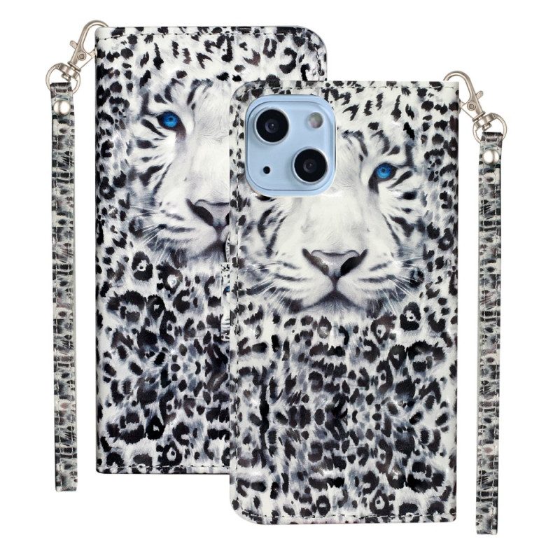 Custodia in pelle iPhone 15 Plus Leopardo 3d Con Cinturino