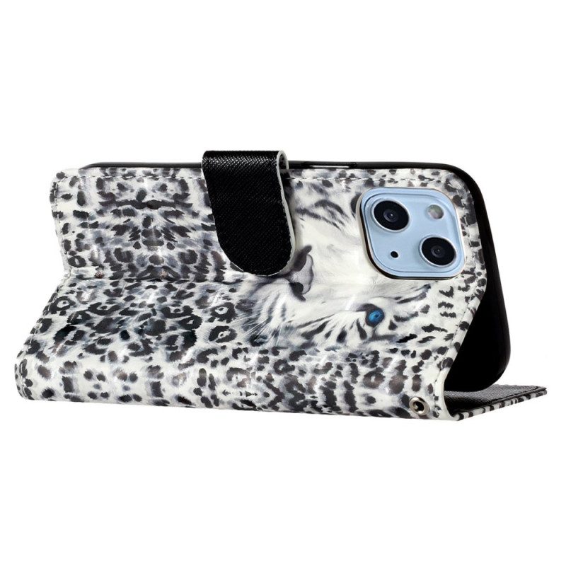 Custodia in pelle iPhone 15 Plus Leopardo 3d Con Cinturino