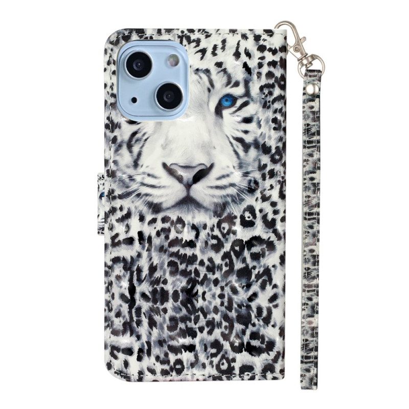 Custodia in pelle iPhone 15 Plus Leopardo 3d Con Cinturino