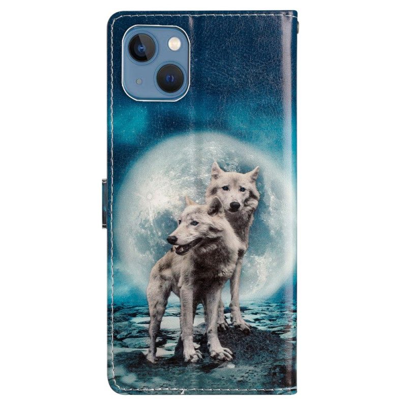 Custodia in pelle iPhone 15 Plus Lupi Con Cordino