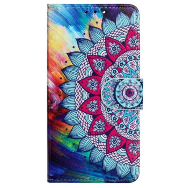 Custodia in pelle iPhone 15 Plus Mandala Colorato Con Cinturino