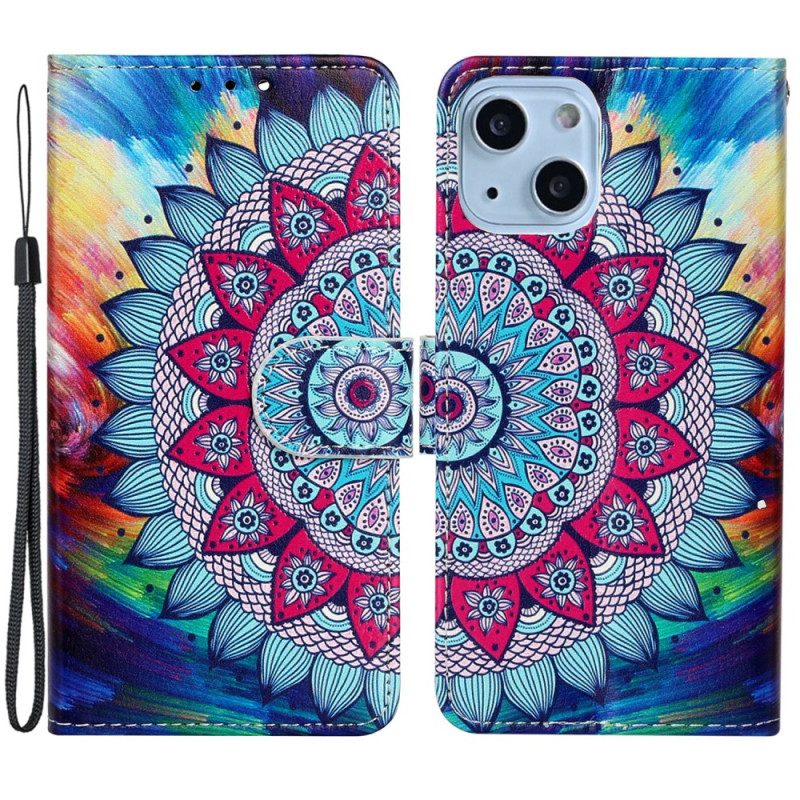 Custodia in pelle iPhone 15 Plus Mandala Colorato Con Cinturino