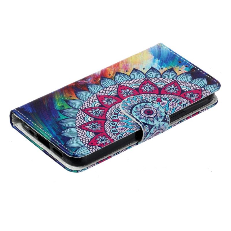 Custodia in pelle iPhone 15 Plus Mandala Colorato Con Cinturino