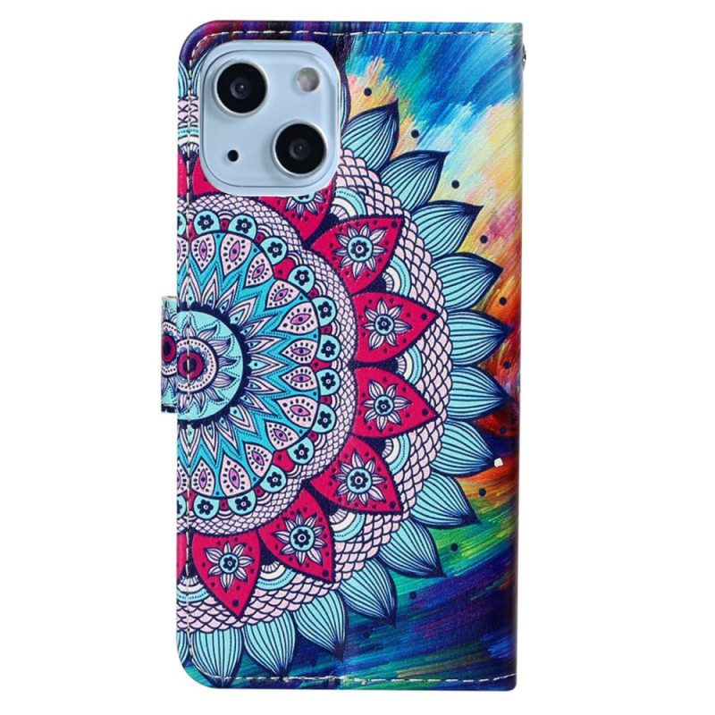 Custodia in pelle iPhone 15 Plus Mandala Colorato Con Cinturino