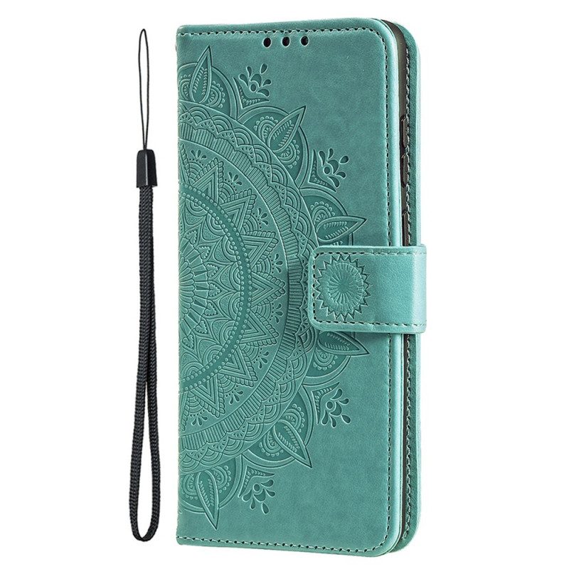 Custodia in pelle iPhone 15 Plus Mandala Del Sole Con Cordino